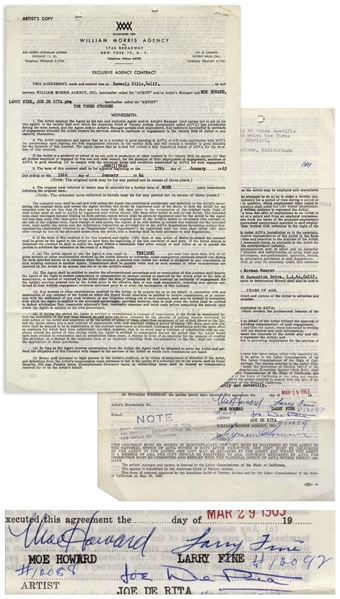 The Three Stooges Contract Signed by Moe Howard, Larry Fine & Joe DeRita From March 1963 With William Morris Agency -- 2pp. on 1 Sheet Measuring 8.5'' x 13.75'' -- Very Good